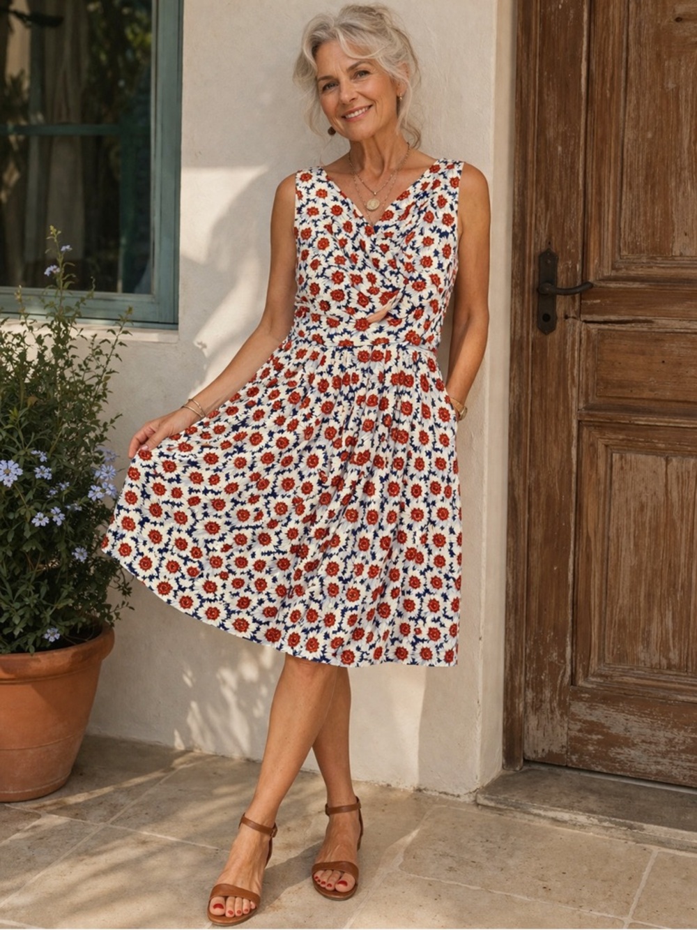 Lands' End White Midi Dress with Red & Blue Floral Print